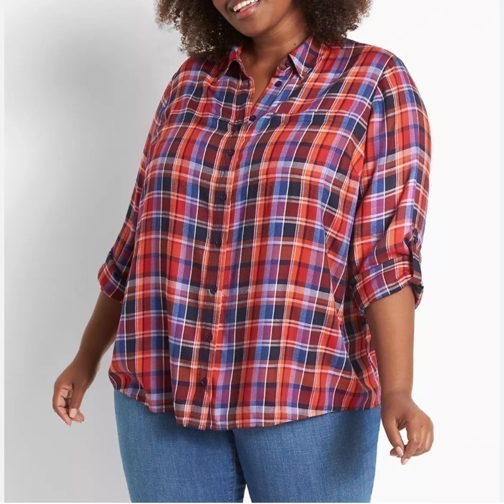 Lane Bryant No Peak Plaid Boyfriend Button Front Shirt Women’s 14/16L Rayon